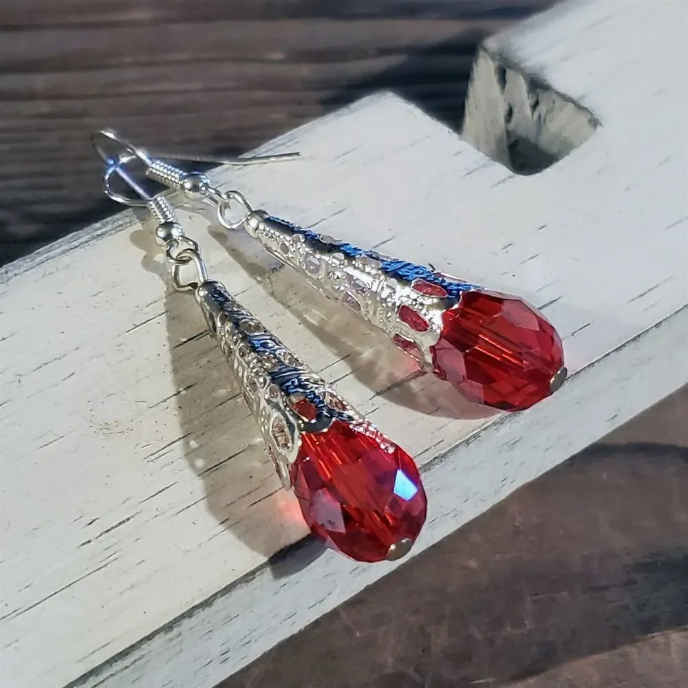 Hand Crafted Caged Filigree Faceted Red Crystal Silver Teardrop Earrings